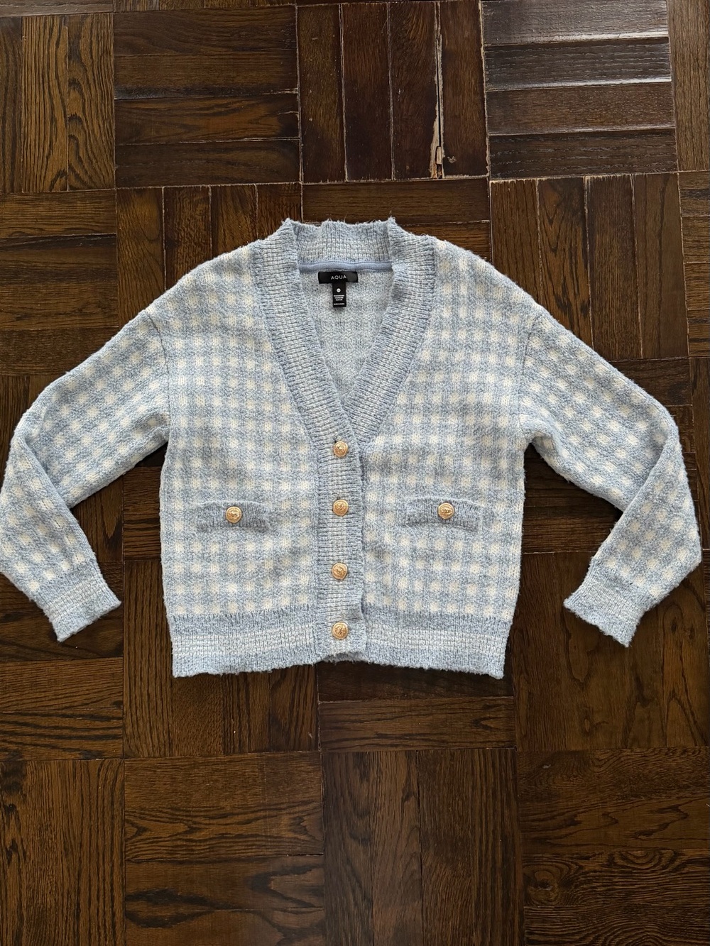 Aqua Light Blue & White Check Knit Cardigan